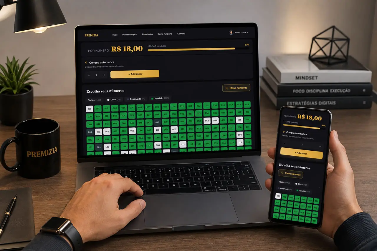 Plataforma Premizia aberta no notebook e no celular, mostrando a tela de escolha de números de uma rifa online com pagamento por PIX